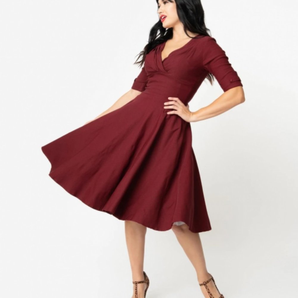 NWT Size XL/14 Unique Vintage Delores Swing Dress with Sleeves in Eggplant - Picture 3 of 9